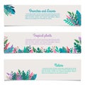 Horizontal banner set with leaves and green plants. Spring and summer design with space for text. Leaf and tree branches